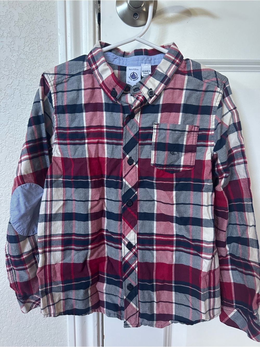 Petit Bateau Red, Navy & White Plaid Button-Down Shirt- Boys Sz 8